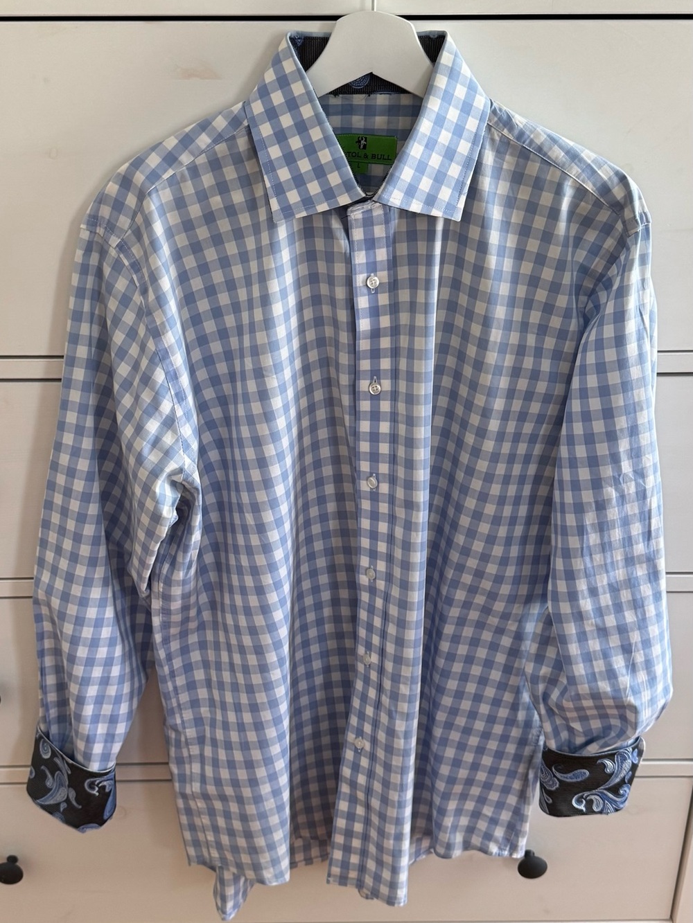 Bristol & Bull Blue Gingham Men’s Dress Shirt with Contrast Cuffs, size L boho